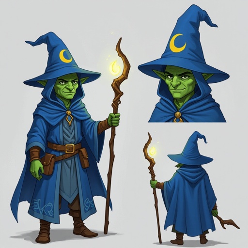 A Goblin mage with a blue cloak and a pointy wizard hat with a yellow crescent moon on the robe and hat