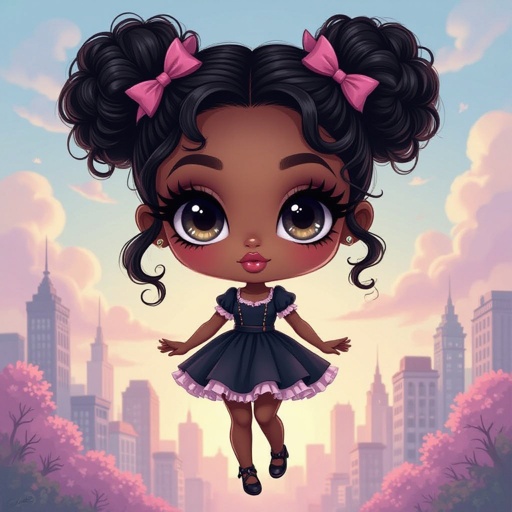 Create a chibi character lady who is a city girl, make her kinda dark skin