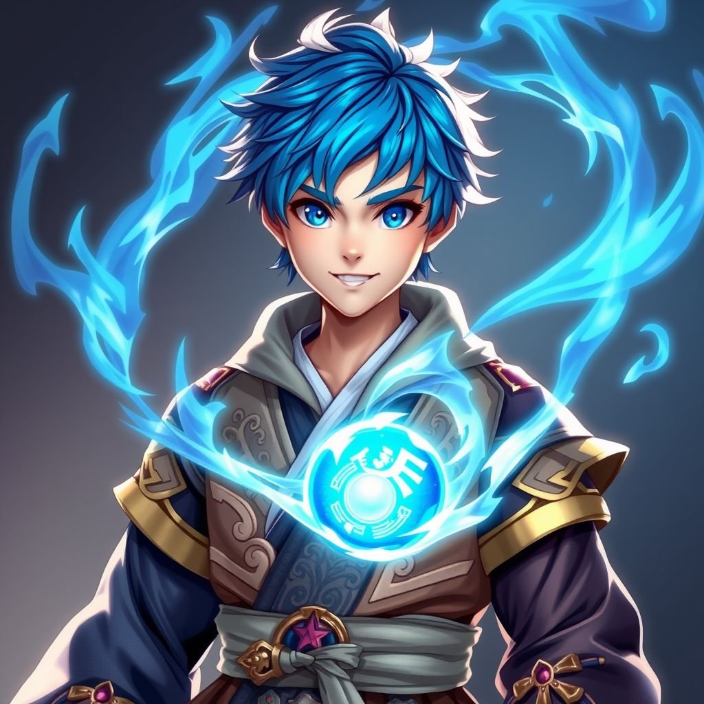 Ragazzo giovane di 14 anni. Occhi azzurri, capelli Blue, bello e affascinante. E un guerriero di arti marziali e conosce la magia della creazione o detta anche magia del null