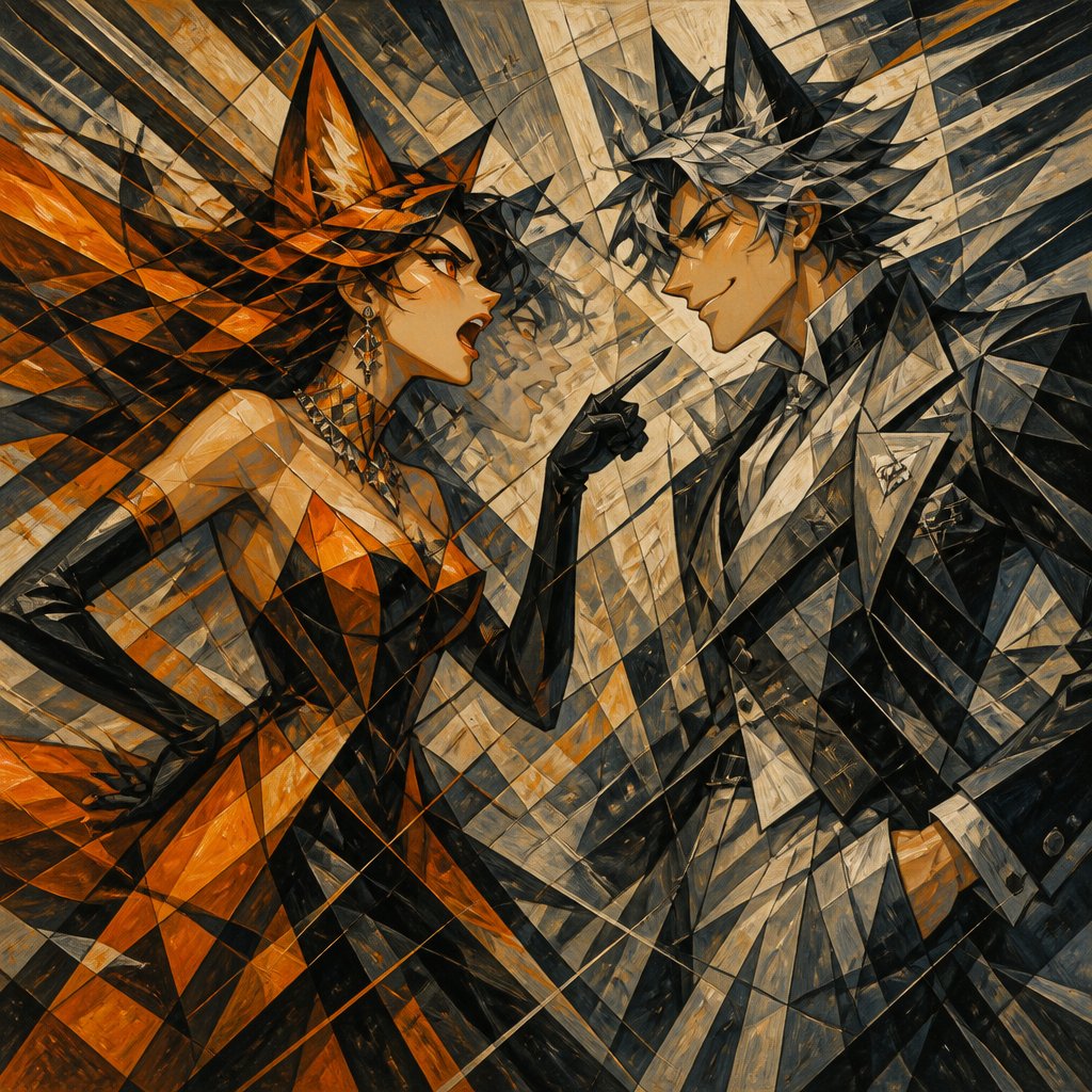 A beautiful woman with fox like looks fox ears fox eyes and orange and black hair and a beautiful modest dress very fancy arguing with a handsome man with wolf like looks and wolf eyes wolf ears and gray and white hair he is smirking
