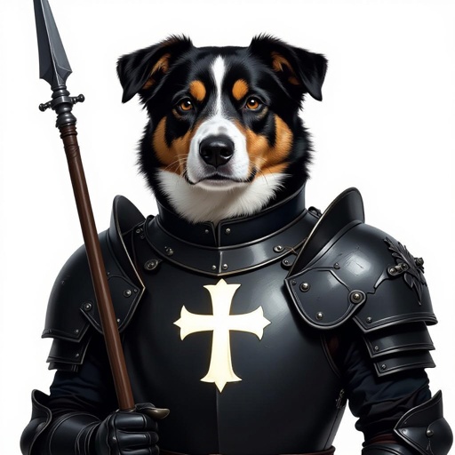 Dog head on a human body. He wears a black suite of armor and carries a spear. Theres a white cross in the center of his breastplate. 