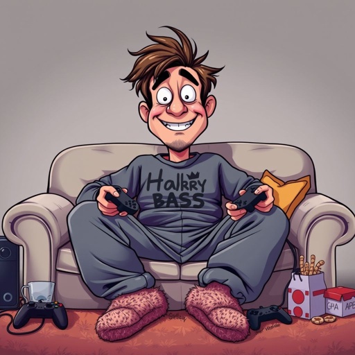 Create mid 30 character who is lazy as heck. And you could tell from his face and his entire outfit. Make is funny and the style of the graphic photographic