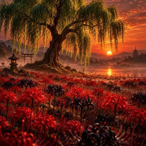 a painting of a sunset with a tree in the foreground