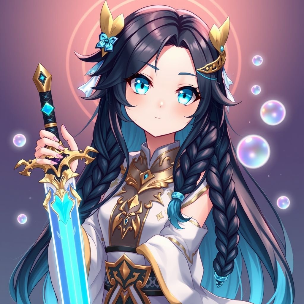 A young female with fair skin and vibrant aqua eyes. Black hair with cyan tips in the form of two braids. Wearing a royal goddess two piece outfit holding a small but legendary sword