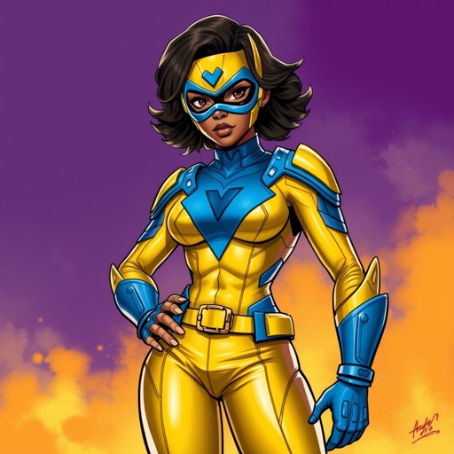 A teenage African American female superhero wearing a domino style mask with slightly curly hair in a shoulder length side part style  wearing a slightly armored polyester and leather gold suit with blue accents a skin tight collar gold pants and a stylized V as her chest emblem a utility belt and blue boot heel less  