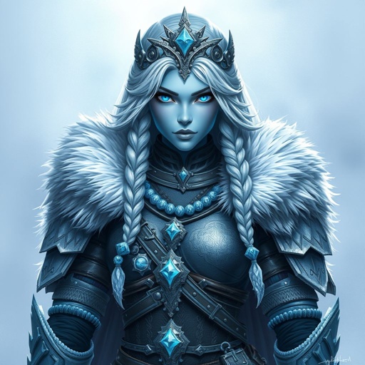 Create a character head to toe showing the whole character, meaning legs feet body face everything: A tall, battle-hardened woman with pale, icy-blue skin. Her long silver hair flows in braids tipped with frozen beads. She wears heavy, fur-lined armor made from the hides of snow beasts. Her eyes glow faint blue. A frost-shaped crown rests lightly on her head.