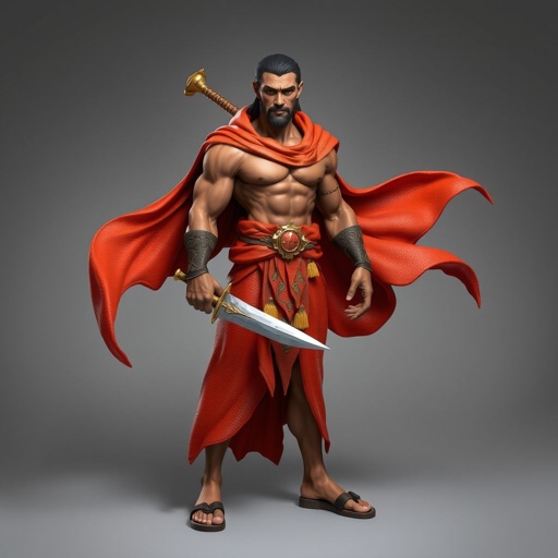 Create handsome hero  Rhen the Fire – A lean, muscular man. He wears layered, flowing desert robes dyed in warm reds and golds, with scorch marks where flames have licked them. A curved blade hangs at his hip.  Show whole body head to toe including her shoes.
