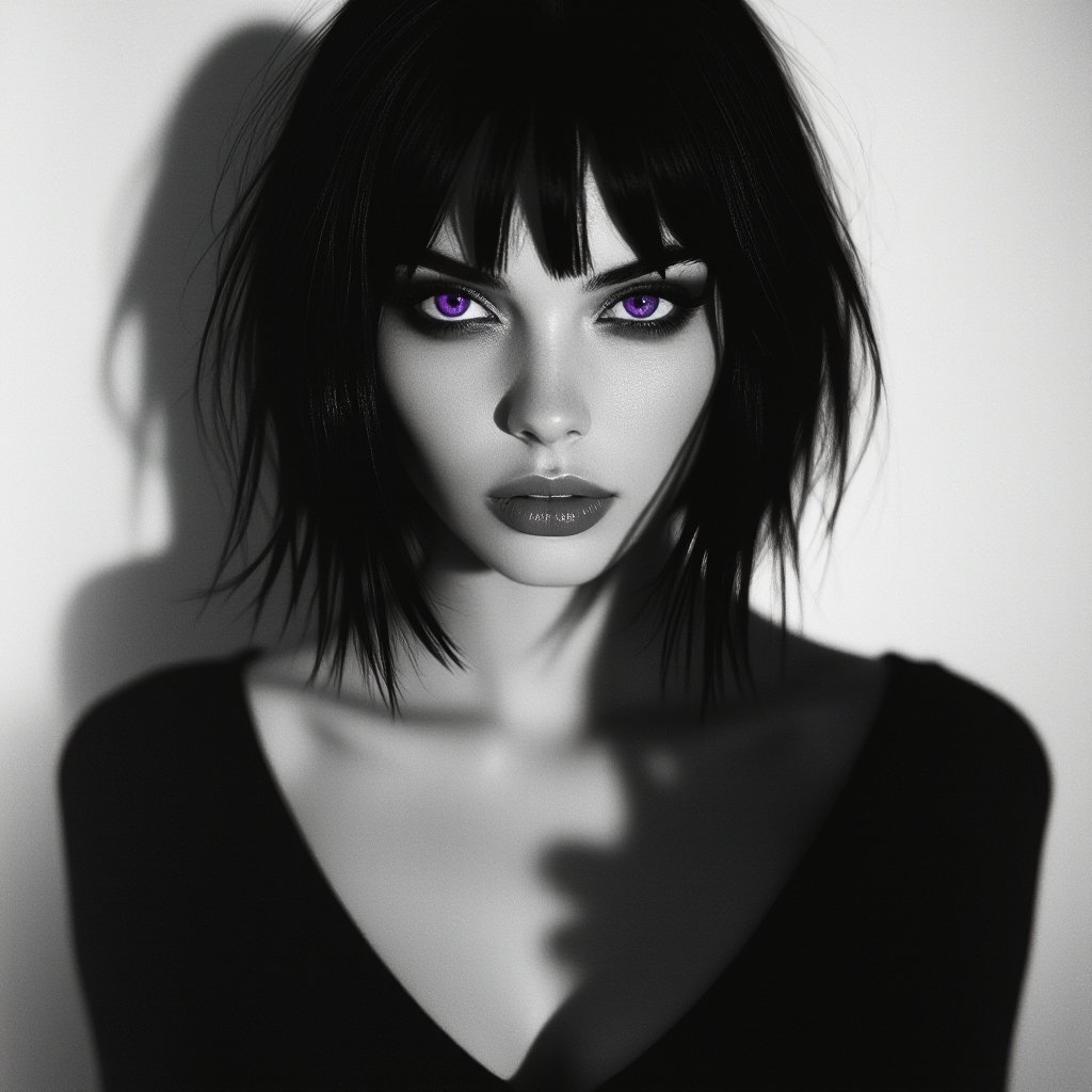 Show her shoes and entire body. Create mysterious woman jet-black hair is cut sharp to her jawline, and her violet eyes seem to pierce through darkness. A shadowy aura clings to her form, faint shapes shifting and flickering behind her like whispers of another realm. Show whole body head to toe