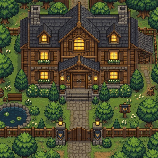 cozy wooden mansion for a modern fantasy game, exterior, top down style