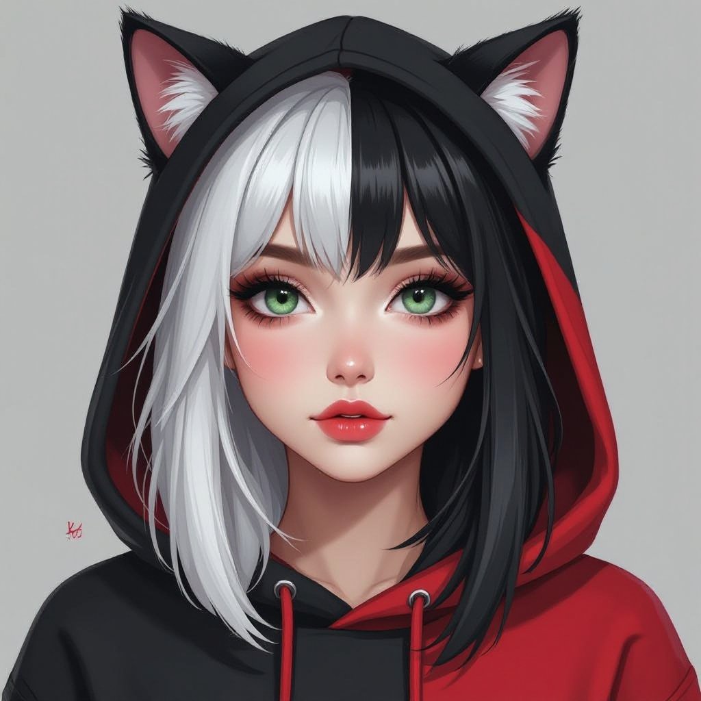 Młoda kobieta. Włosy do ramion, z grzywką, prawa połowa włosów biała, lewa połowa włosów czarna. Okrągła, pyzata twarz. Szaro-zielone oczy. Wąskie, małe usta. Ubrana w czarno czerwoną bluzę z kaptórem z kocimi uszkami