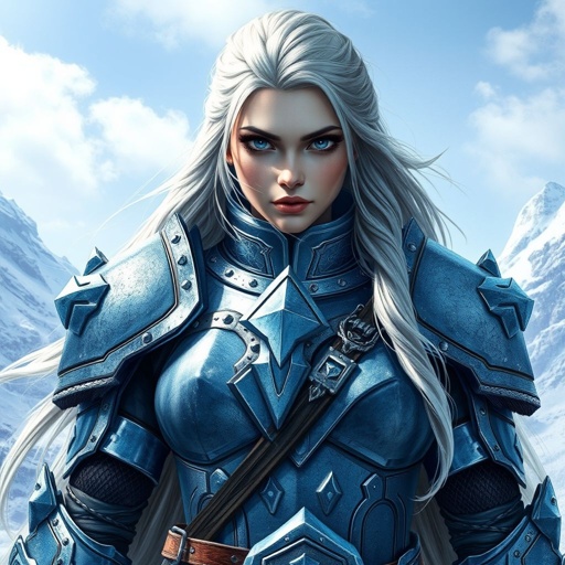 Alvara the Frostheart – A tall, battle-hardened woman. Show her head to toe.