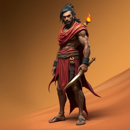 Create handsome guy name Rhen the Fire – A lean, muscular man. He wears layered, flowing desert robes dyed in warm reds and golds, with scorch marks where flames have licked them. A curved blade hangs at his hip. Show whole body head to toe including her shoes.