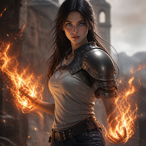 She has fire powers and blue eyes with dark hair and wears casual clothes and armour. 