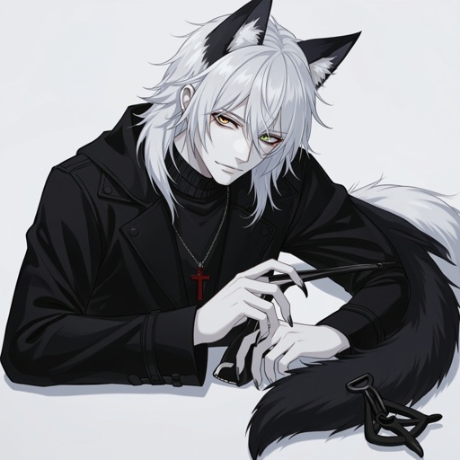 Create in anime style, a young adult, pale skinned, gothic male human wearing black attire and has werewolf features including werewolf’s ears and werewolf’s claws and a werewolf’s tail.