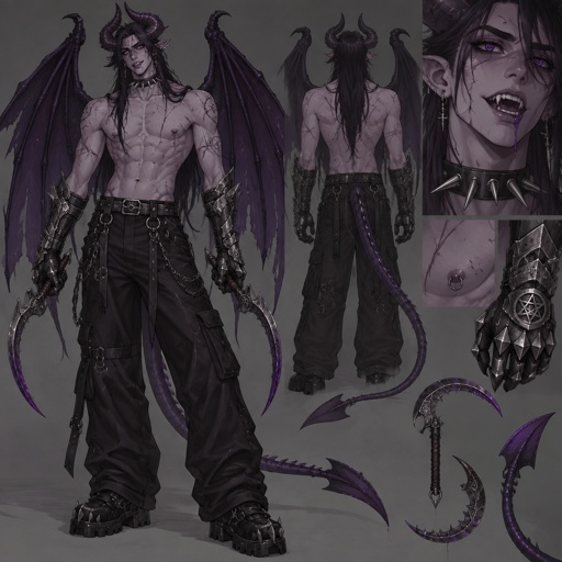 Holding two sickles, handsome and seductive. has a six pack is 8 feet tall eyes are purple and pupils are heart shaped His nipples are pierced Ears pierced and slightly pointed has clause They are purple is wearing baggy, black jeans, has scars all over his body is wearing iron gauntlets with pentagrams on them has purple saliva dripping from his mouth has sharp teeth has extremely dark purple demon, wings, demon horns and demon tail. His demon tail is 4 feet long. His demon horns are 8 inches long and his demon wings are 10 feet wide. He looks extremely slim and has a very pale purple color to his skin is wearing no shirt and has a spiky collar made out of titanium around his neck. he has long hair.