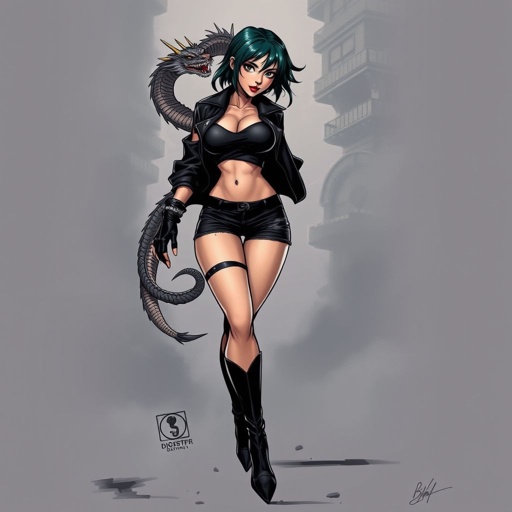Mafia style girl with a dragon tattoo on arm with short black clothing with a black leather jacket with high heels