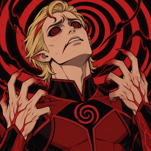 Male, blonde greased brushed back hair, neck length hair, curl on forehead, red streak in hair, slim, scar on lip, red and black spiral eyes no whites, superhero with chaos powers, cool outfit red no cape, pointy ears, pointy fingers with red tips, red veins, looking up distressed, nervous, sweating, power taking control of him, spiral background