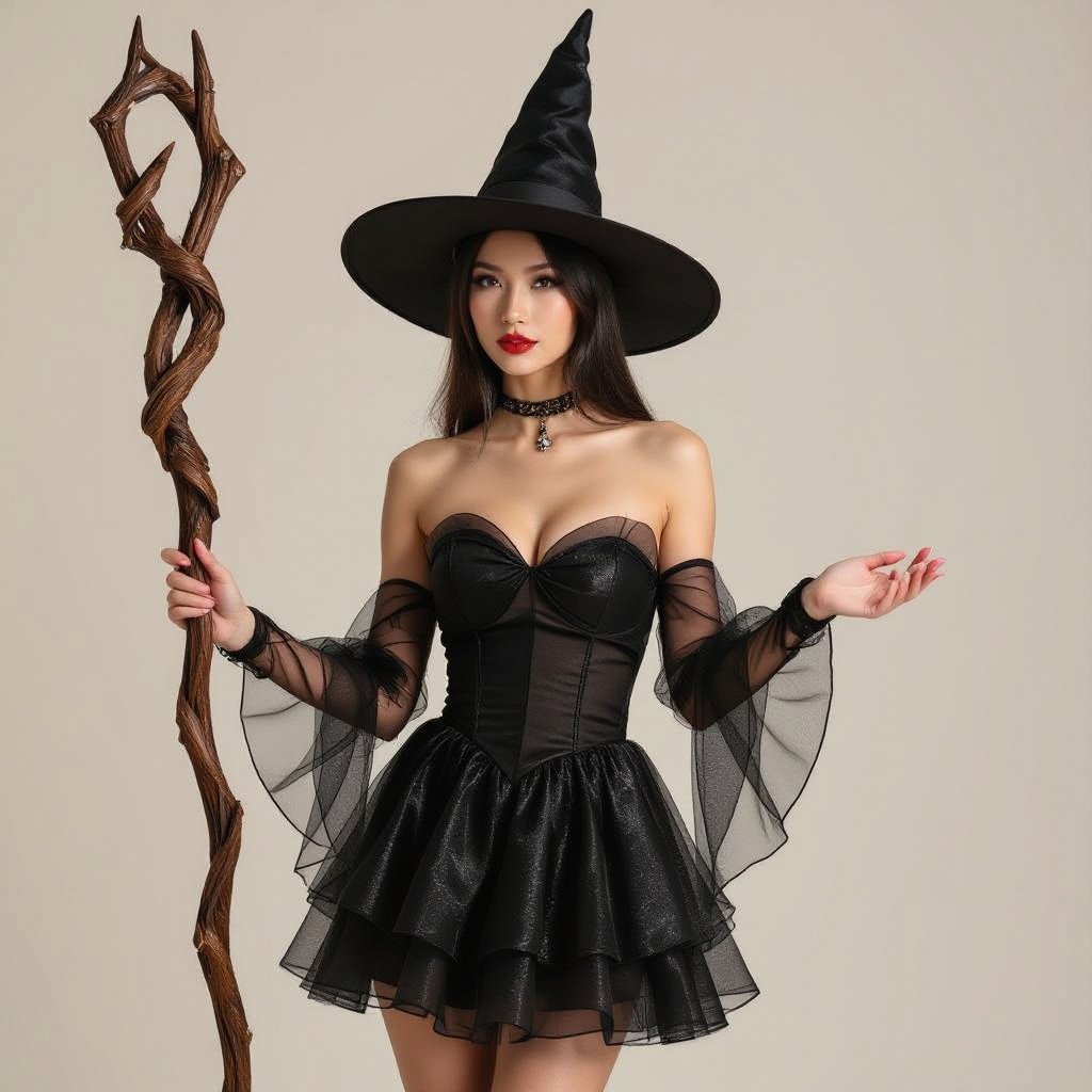 Witch in a tight organza strapless sleeveless mini dress
