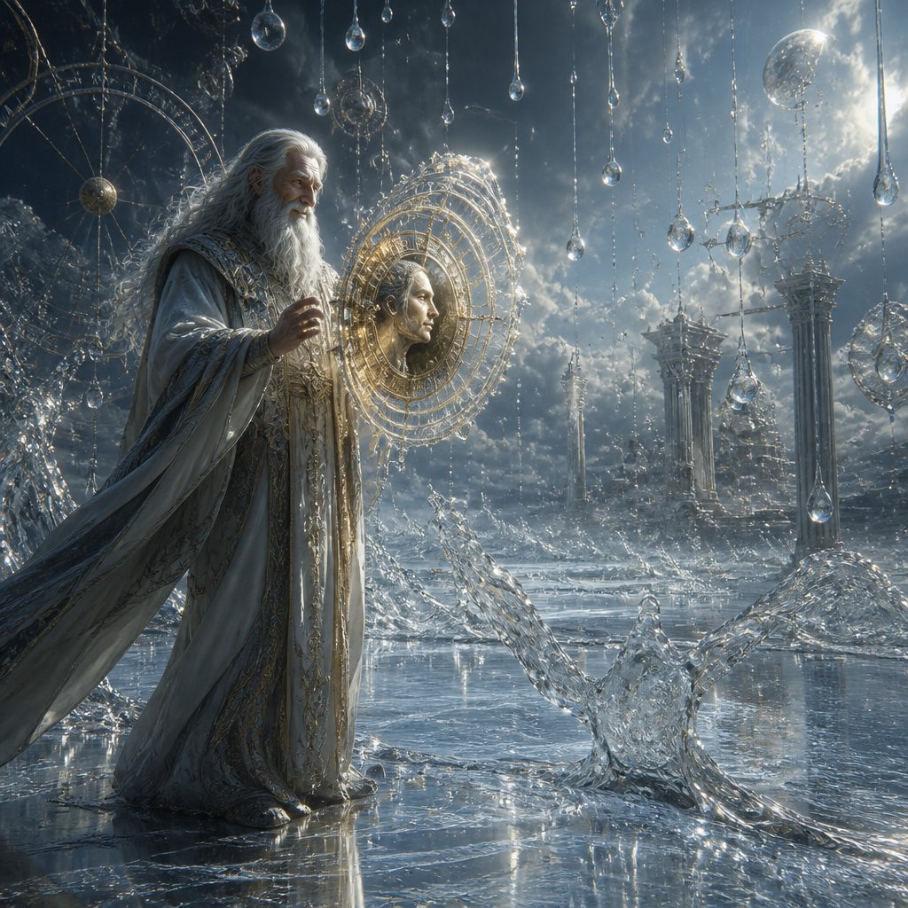 Coeus — Primordial of Intellect and the Axis of Heaven Everything freezes. The crashing waves become perfect glass. Every raindrop hangs motionless. Byron hears footsteps behind him. An elderly scholar walks across the surface of the ocean. Not because the water supports him— Because reality is behaving correctly around him. He studies Byron’s Paradox Aegis. He smiles.