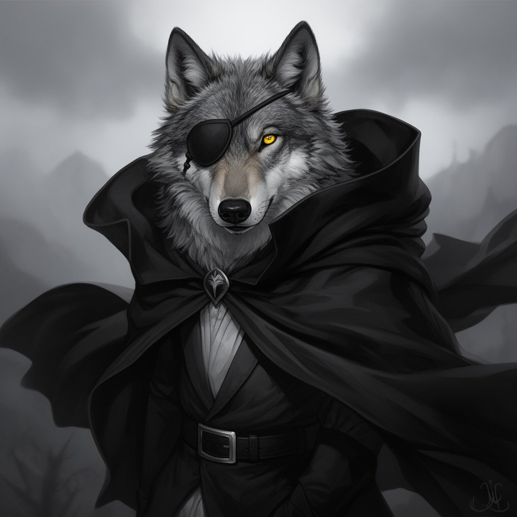 A wolf with an eye patch and yellow eyes and black cloak