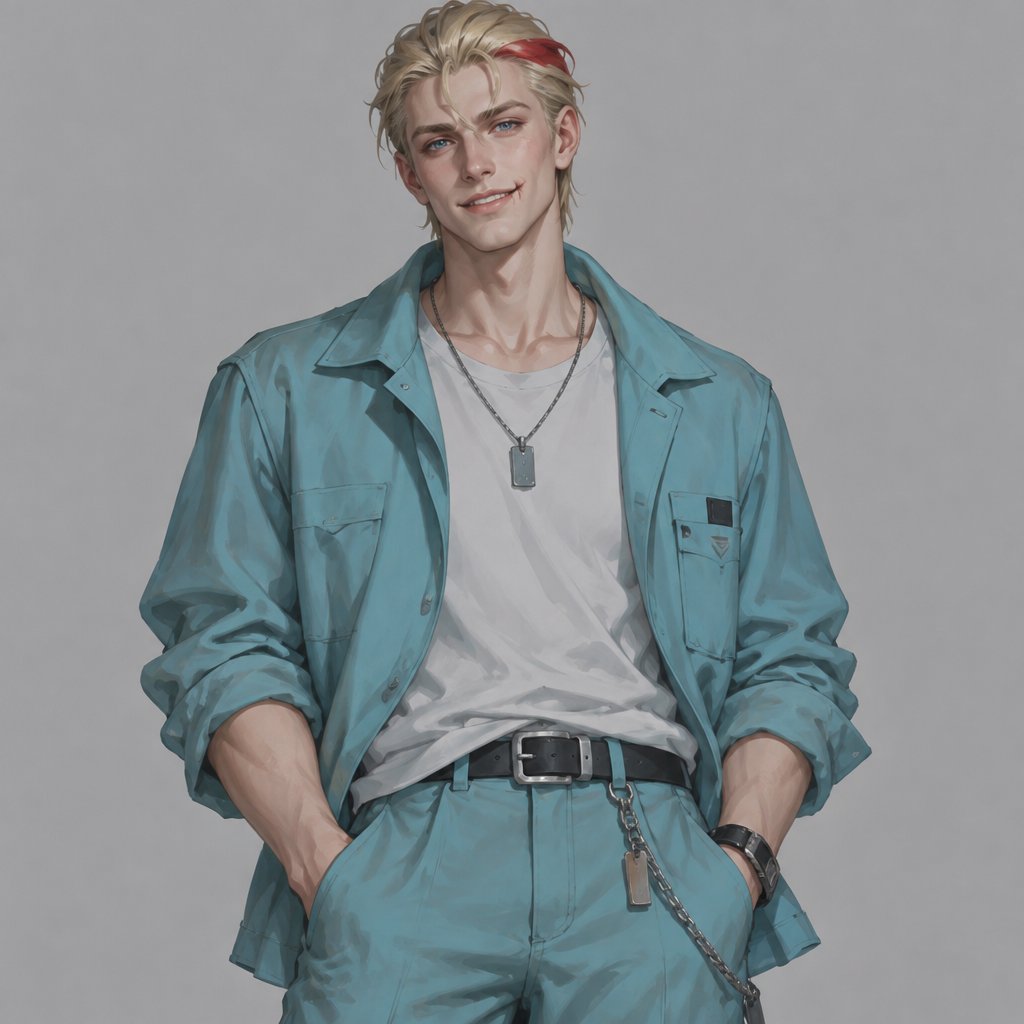Male, blonde greased brushed back hair, curl on forehead, red streak in hair, scar on lip, blue eyes, slim, designer, cyan casual clothes, smiling