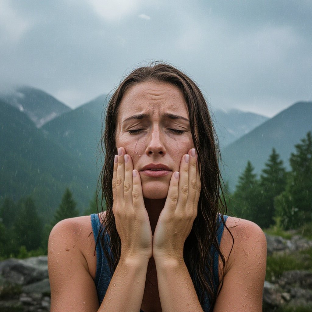 Woman crying in the mountains on a rainy day