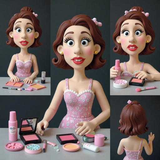 Create a weird looking character showing there whole body head to toe, a lady who loves beauty products  