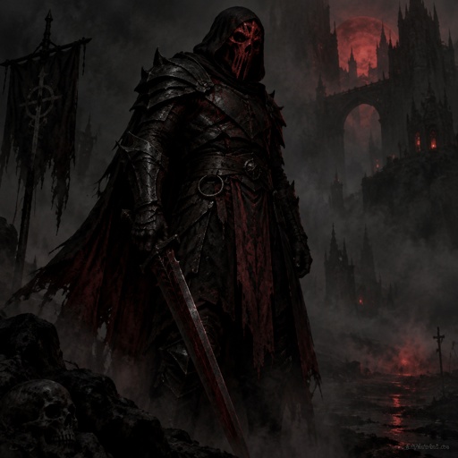 A man in black armour with red accents and a red horrifying mask