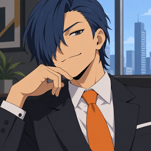 Male, Asian, slick blue neck length hair, hair in front of one eye other side is slick back, smug, wearing suit, orange tie,  