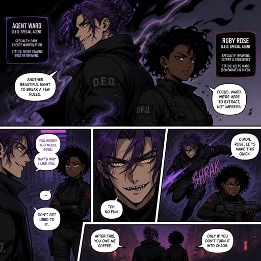 Anime style, Agent Ward a male, made in a secret lab to be best weapon and good at everything, highly skilled, be kept in check and have an emergency backup in case he gets out of control, Wards hair a messy bun hair color violet, is clean shaven, yellow night vision eyes, sharp teeth, has a dark power energy from experiments, best agent, in late 20s, tired, tall, eyes sensitive to light, easily migraines, likes making jokes, mischievous and dangerous, grins, hates being told what to do, intimidating, laugh like a maniac cares about his partner ruby rose she's dark skin serious plays by the rules and firm but nice to ward them standing together ruby arguing to wards "stop being so intimidating you're going to give are suspect a hart attack!" Ward says "what I'm just making the job go faster he's fun and was very helpful " he proceeds to laugh ruby says under her breath "this isn't funny" as a comic