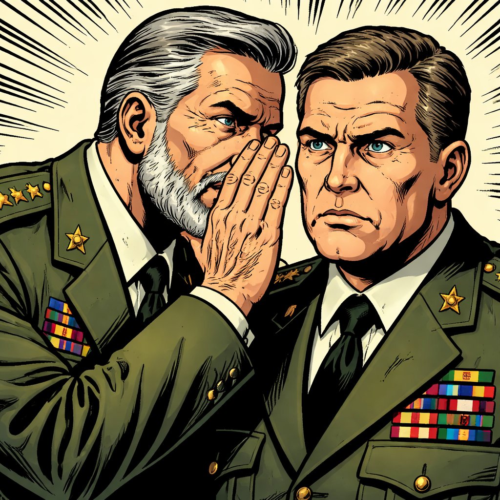 Two middle-aged generals are standing very close together one is older and has a beard. Both have very serious expressions. The older one is whispering something into the other one’s ear.