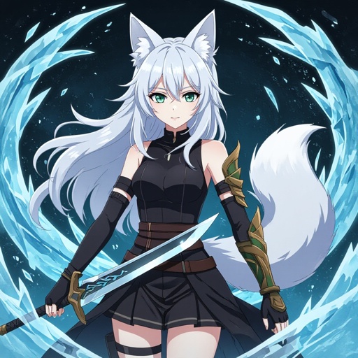 A pale teenage girl wearing black, has medium white hair, has large fox ears and a fluffy tail and a dark green and brown ancient right arm with a black glove on her left arm holding a sword of ice with a black-ish background with ice swirling around her