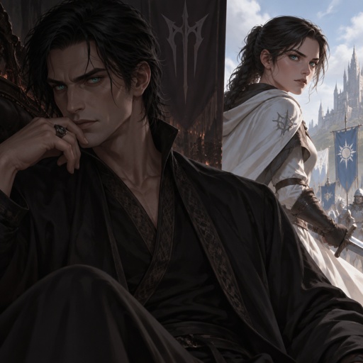 Villain character and he has dark hair with teal eyes that look as if they glow, he doesn’t wear armour and has a daughter who looks like him but is on the hero side. 