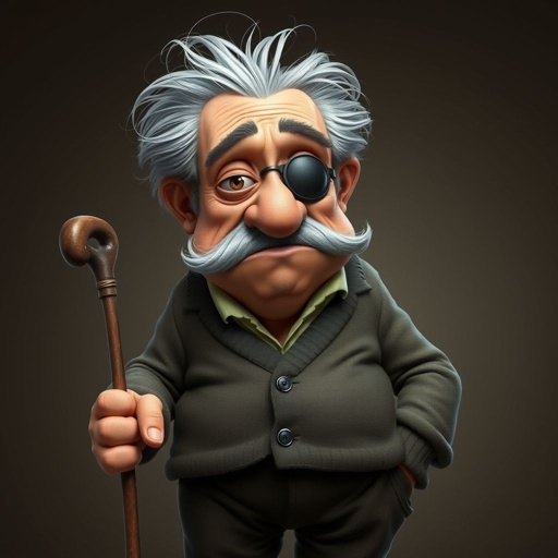 Create a grouchy funny old character who has 1 eye patched. Make him fat with a cane. Show his whole character head to toe in image 