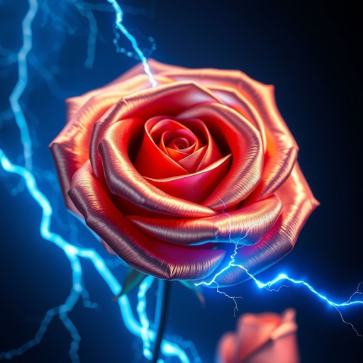 A rose gold colored rose with lightning in the petals