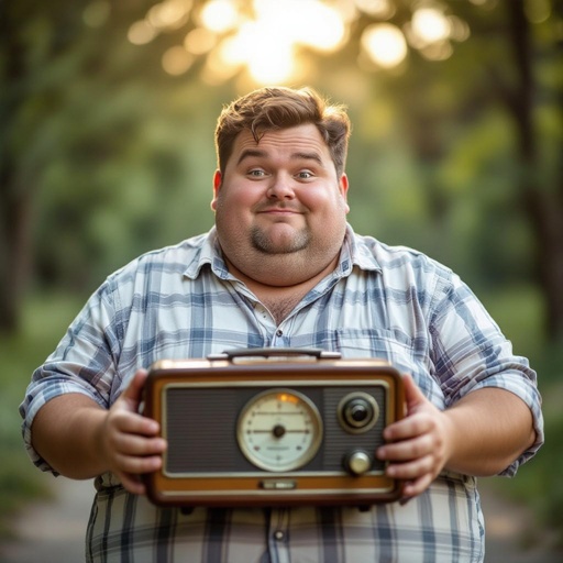 Create a funny fat guy who looks high is has a book box radio 
