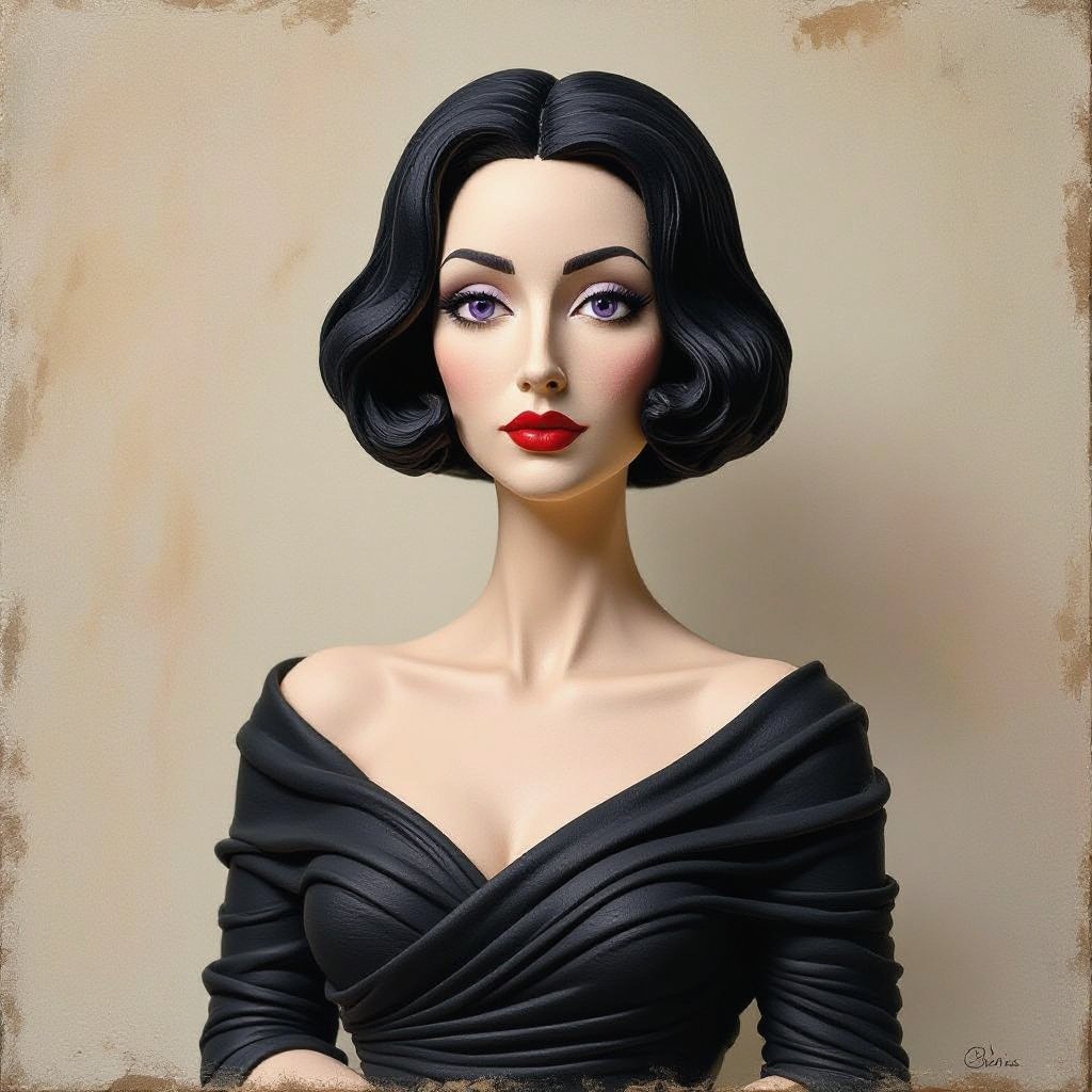 Create A lithe, mysterious woman draped in layered black silks that move like smoke around her. Her jet-black hair is cut sharp to her jawline, and her violet eyes seem to pierce through darkness.