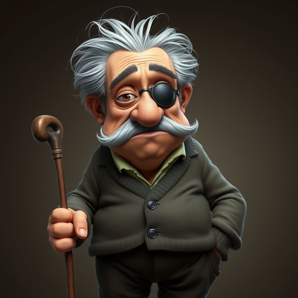 Create a grouchy funny old character who has 1 eye patched. Make him fat with a cane. Show his whole character head to toe in image 