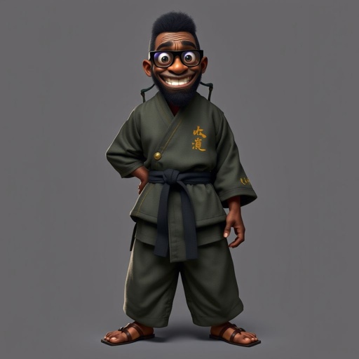 Create a funny looking African sensei. Show the whole character from head, body , legs , feet and make him serious.