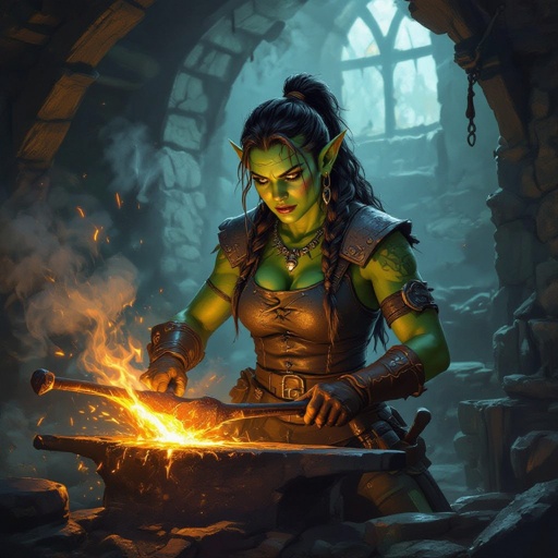 A female half orc blacksmith