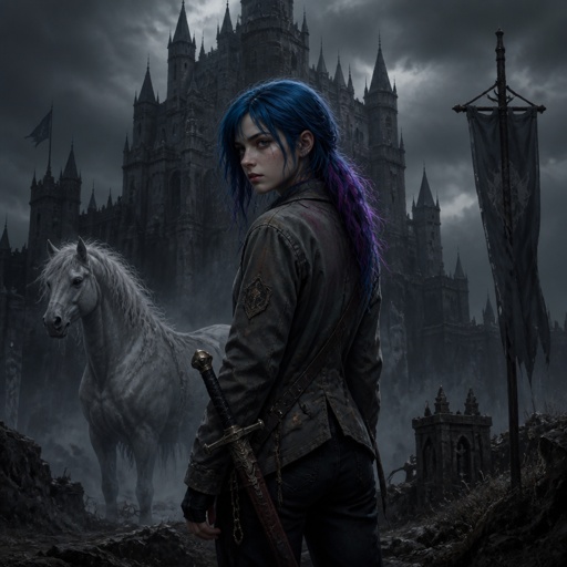A 17 year old girl who has blue hair with purple and blue stripes and hazel eyes. She is wearing a gray jacket and black pants. A sword is at her side in a sheath. She hand in front of a white horse. She stands in front of a big gray castle. 