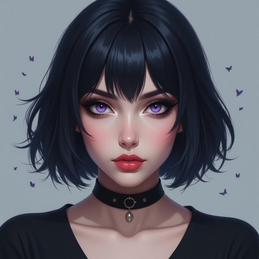Create fat mysterious woman jet-black hair is cut sharp to her jawline, and her violet eyes seem to pierce through darkness. A shadowy aura clings to her form, faint shapes shifting and flickering behind her like whispers of another realm. Show whole body head to toe