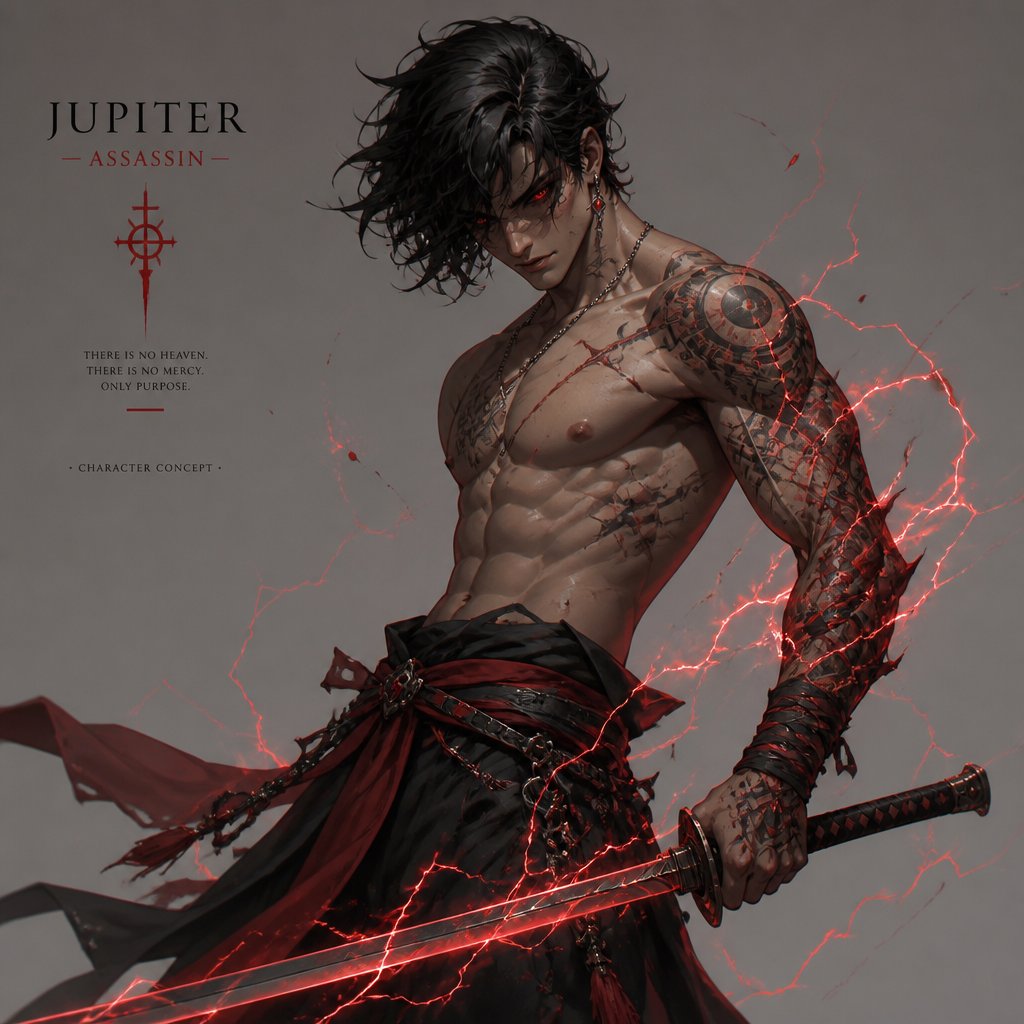 shirtless assassin named jupiter red lightning with a sword, red eyes