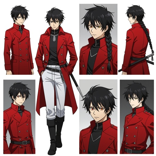 human, asian man, red double-breasted greatcoat, white pants, black boots, belts, spear, braid, black eyes, short black hair