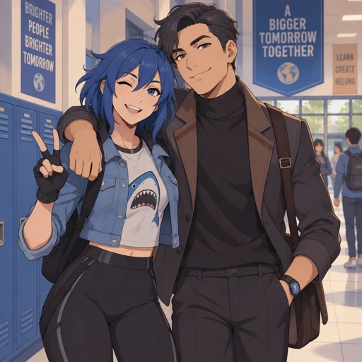 Light rider from Fortnite, neck length blue hair, cropped jean jacket black leggings, tshirt with shark on it, gloves, Squire from deceive inc black hair shorter than her, arm around shoulders, smiling, school background