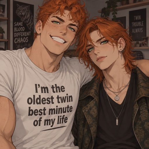 Twin brothers adults,orange red bushy curly hair,green eyes,light skin,one brother is taller and stronger with freckles, the other brother is thinner,no freckles,the skinny one has a orange red little longer curly hair,is more brushed,wearing mascara,earrings,nice jacket and two necklace,other brother is buffer orange red curly hair,big grin,right eyebrow shaved in the middle,freckles,has a teeshirt that says “I’m the oldest twin best minute of my life”