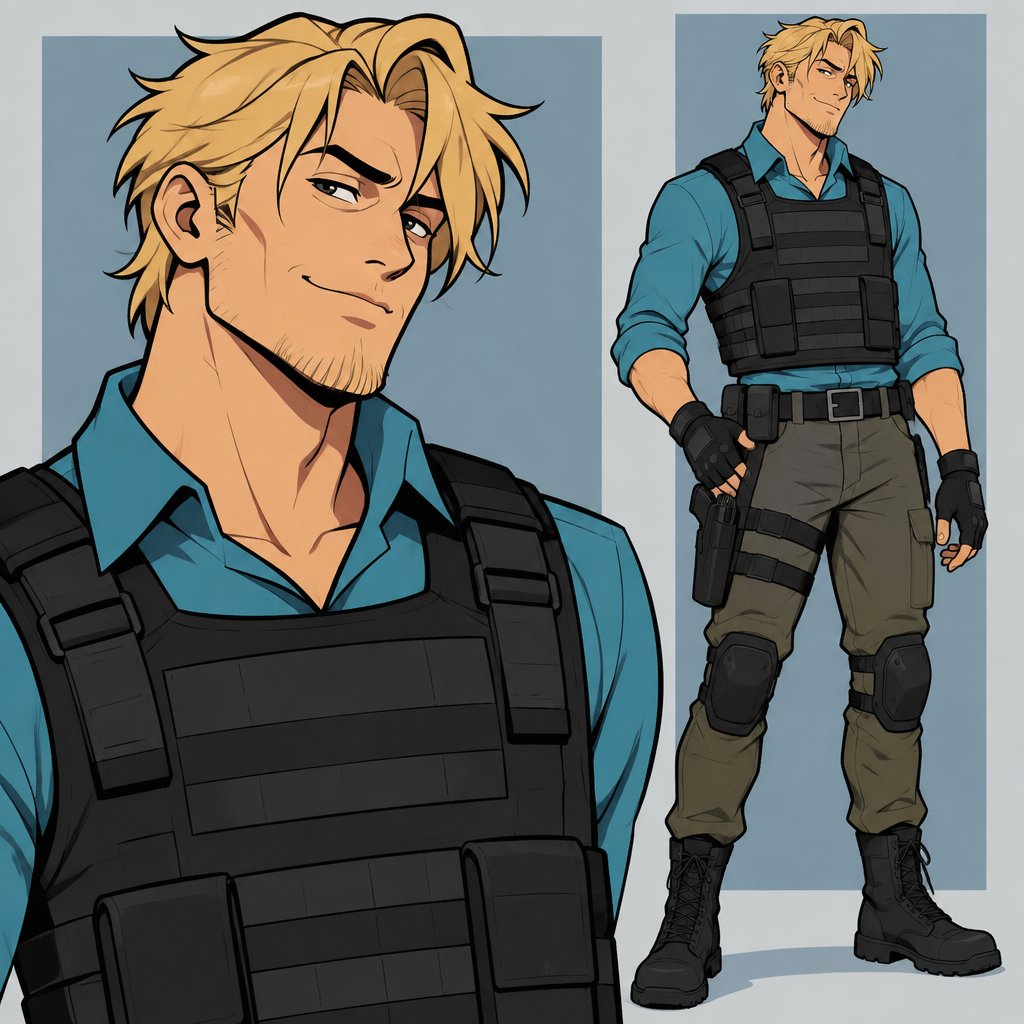 Male, messy blonde hair, hair brushed to the side, hair in middle of forehead, chin hair, smirk, cyan shirt, bulletproof vest, fingerless gloves, knee pads, belt with gun