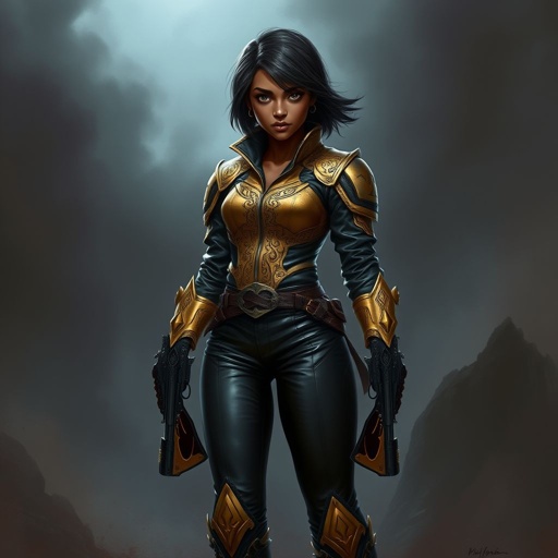 A teenage African American female with shoulder length hair  in a side part style wearing an armored gold leather jacket with black accents black leather pants and gold boots with a gun belt and two guns on her hips
