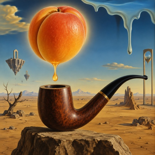 Apricot hanging above a tobacco pipe with a drop of juice about to fall into the tobacco pipe bowl