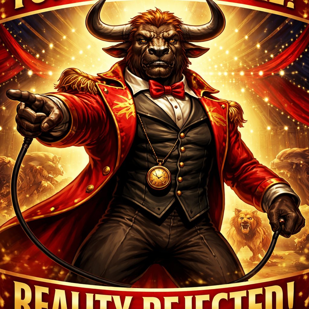 A Minotaur with a well~proportioned figure that works at freak show as the ringmaster. That has gifts/abilities like Reality Rejection, Time Manipulation (Chronokineses), Zoolingualism (Language of Cattle only), Human Speech.